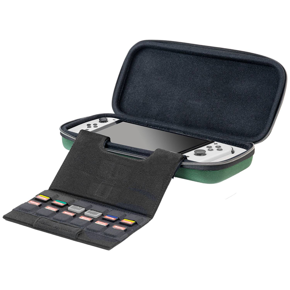 Funda verde para consola de juegos con solapa abierta que sostiene varios cartuchos.