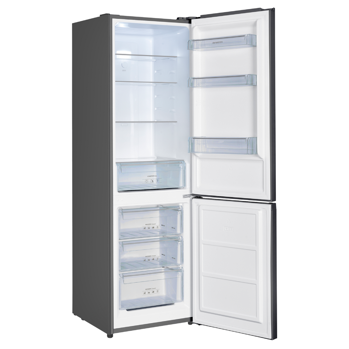 Un refrigerador gris abierto con varios estantes, un cajón para verduras y tres cajones congeladores.