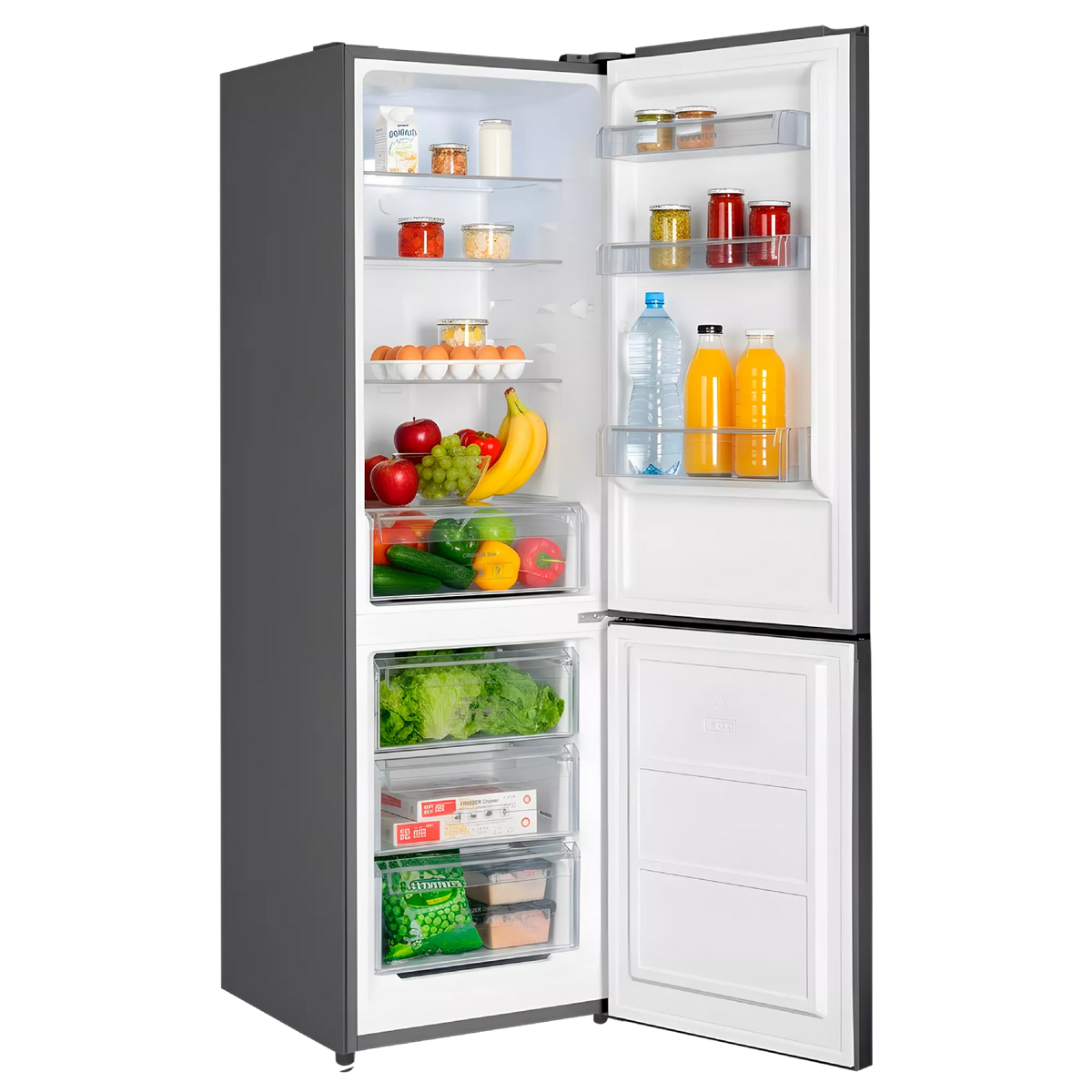 Un refrigerador abierto lleno de comida como fruta, verduras, huevos, bebidas y frascos.