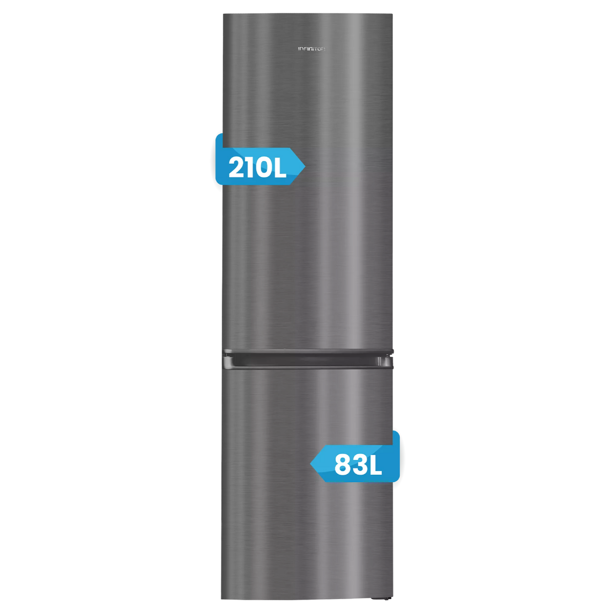 Nevera gris con etiquetas de 210L y 83L.