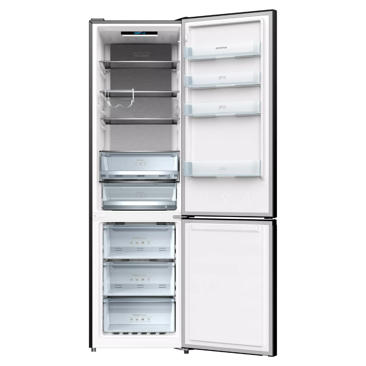 Un refrigerador abierto con múltiples cajones y estantes, lleno de productos.