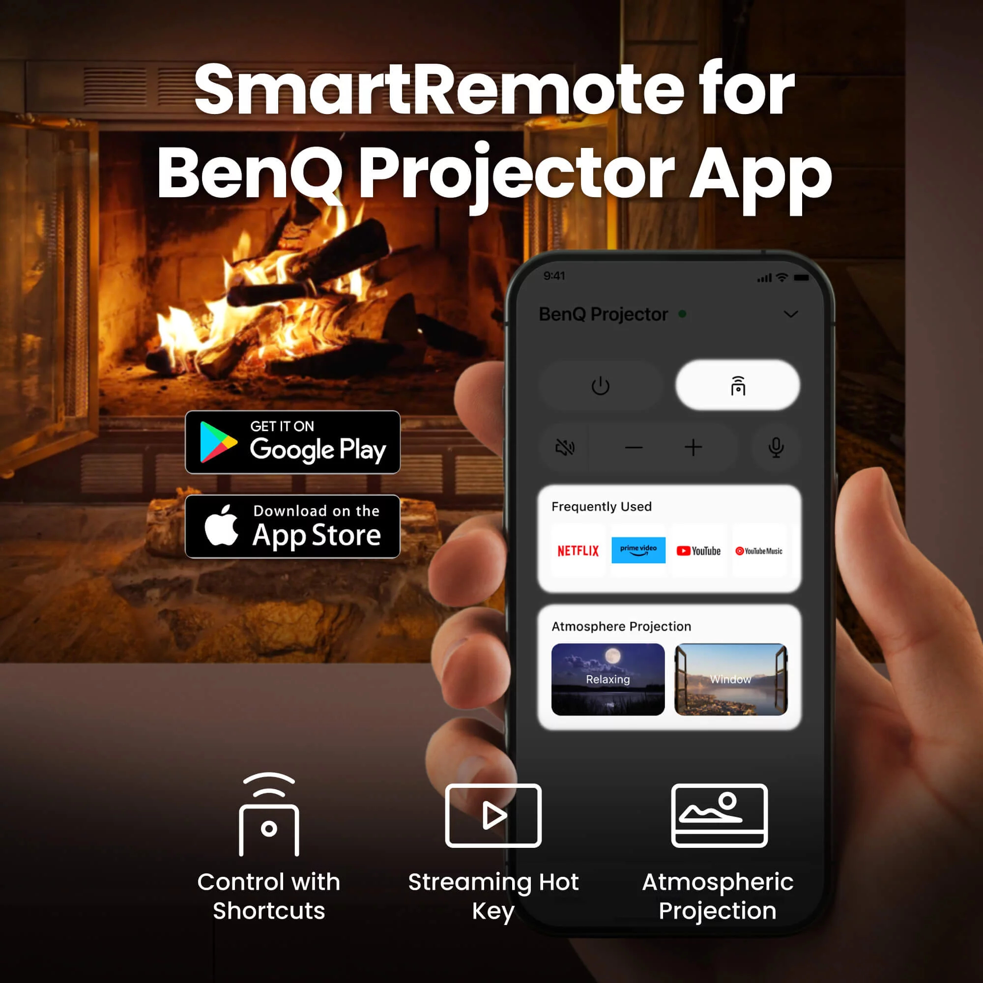 Un smartphone affiche l'application BenQ Projector avec des options comme Netflix et YouTube.