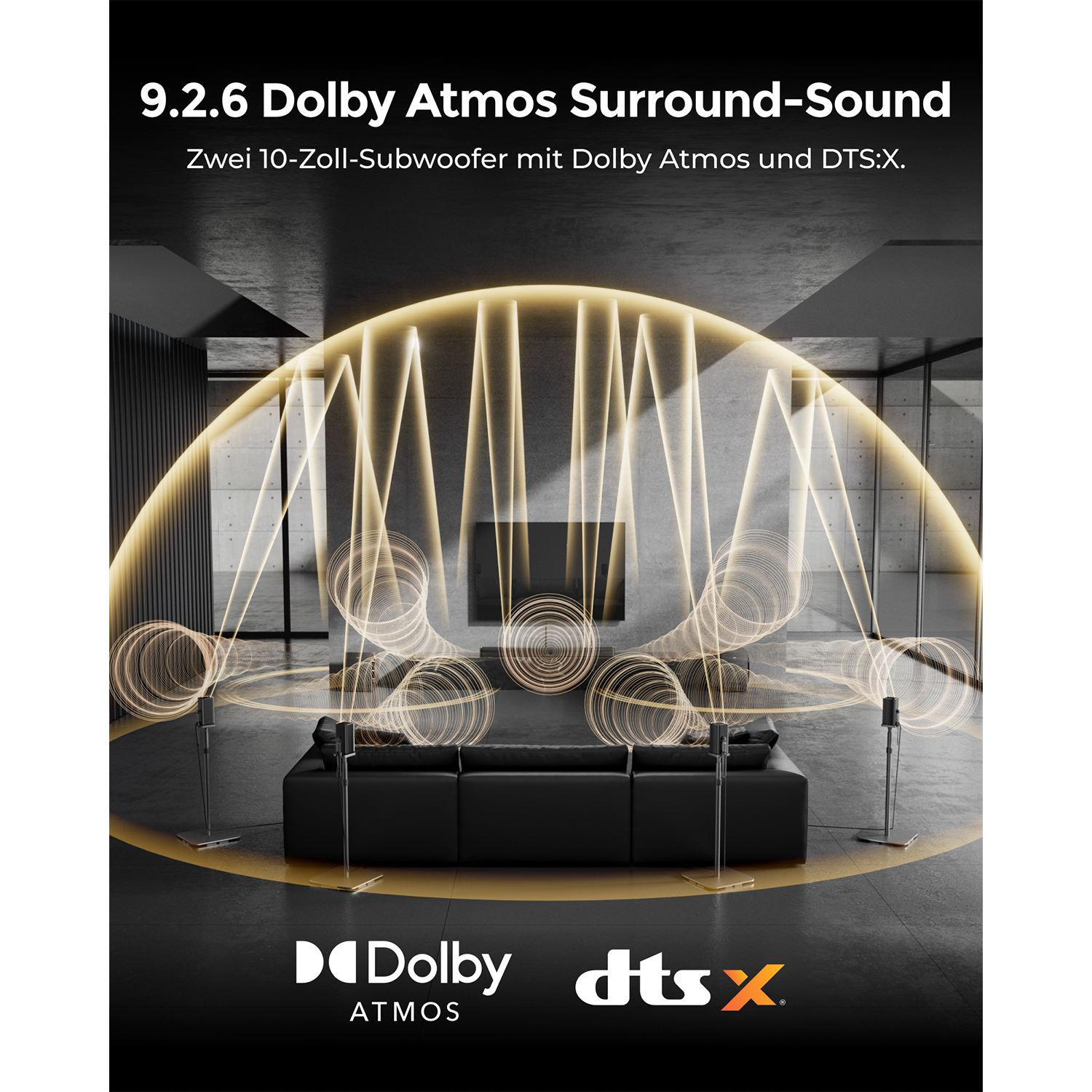 Eine 9.2.6 Dolby Atmos Surround-Sound-Anlage mit zwei 10-Zoll-Subwoofern.