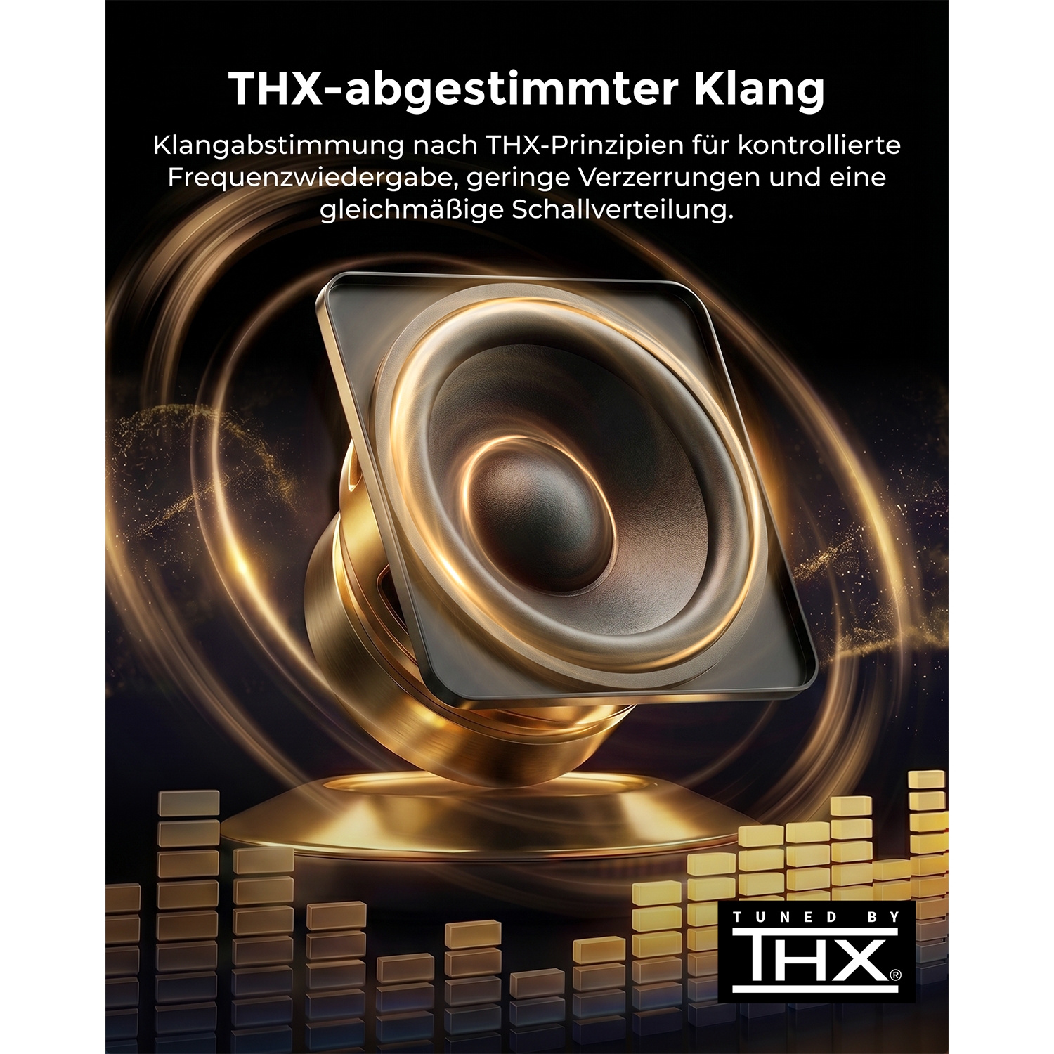 Goldener Lautsprecher mit THX-Logo und Equalizer-Balken.