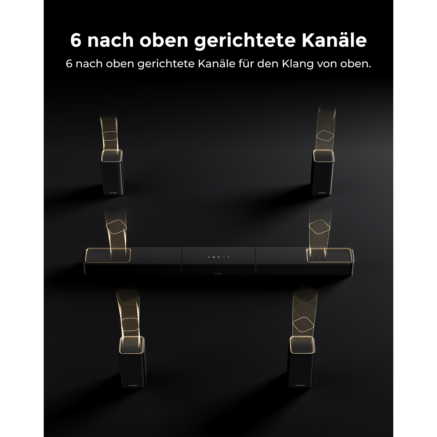 Ein schwarzer Soundbar mit sechs Lautsprechern und goldener Umrandung.