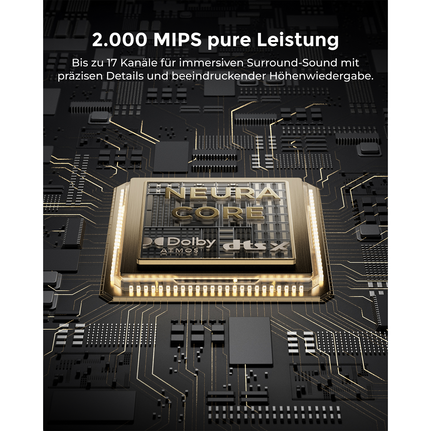 Goldener Chip mit 'NEURAL CORE' und Dolby Atmos, DTS:X Logos auf schwarzem Hintergrund.