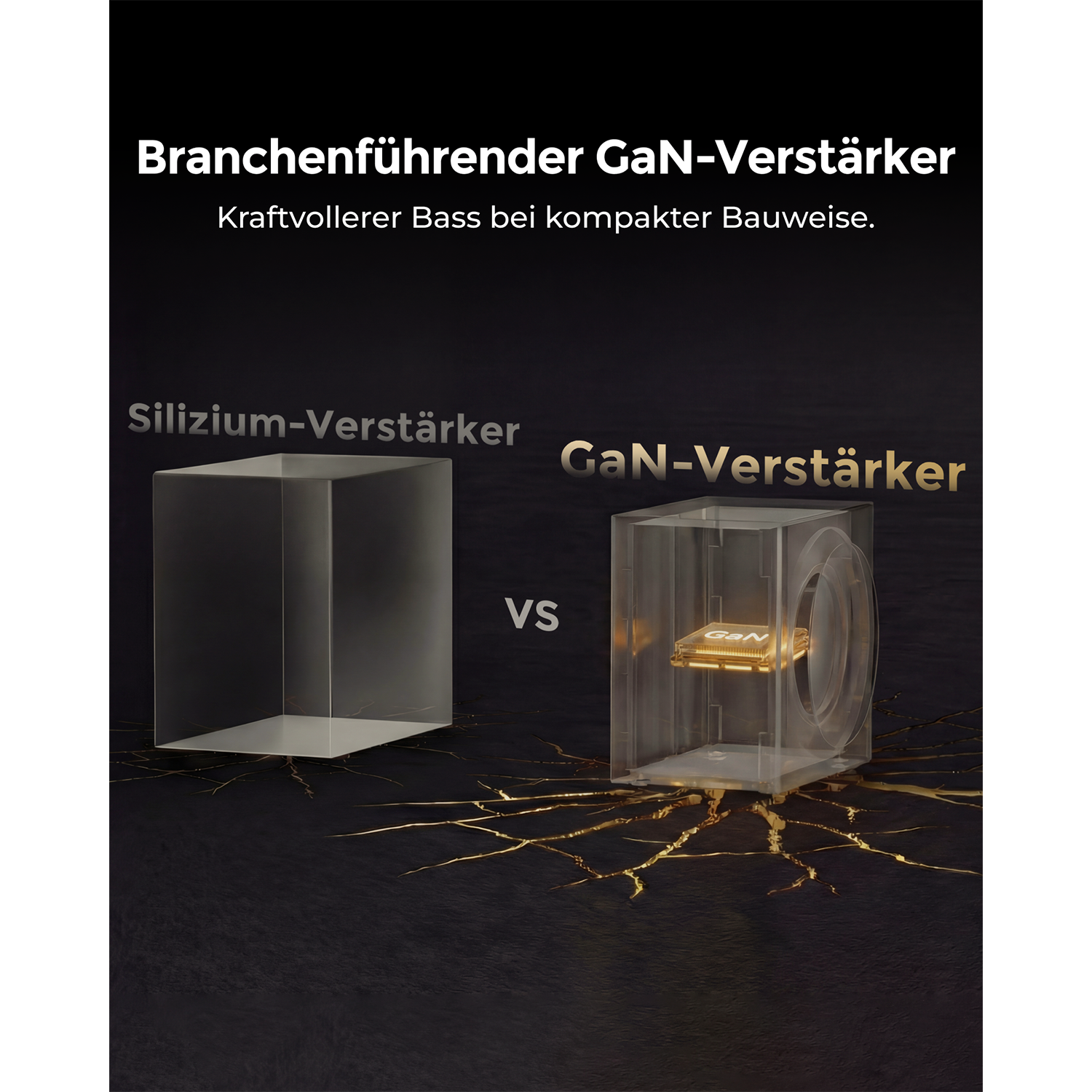 Silizium-Verstärker gegen GaN-Verstärker. GaN-Chip in transparentem Gehäuse.