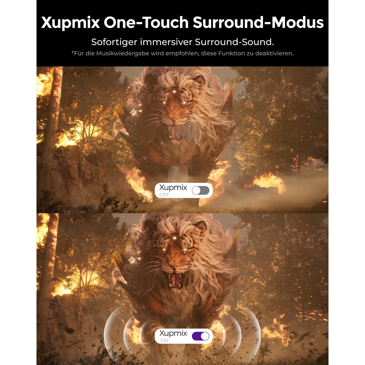 Ein Tiger mit feuriger Mähne und leuchtenden Augen, mit Xupmix AUS oder EIN.