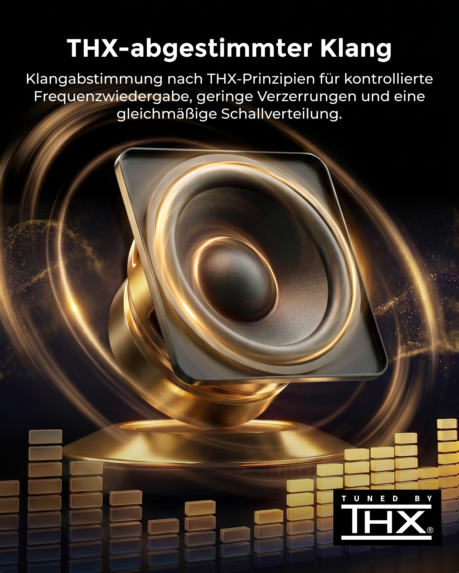 Ein THX-abgestimmter Lautsprecher mit goldener Membran und Equalizer-Balken.