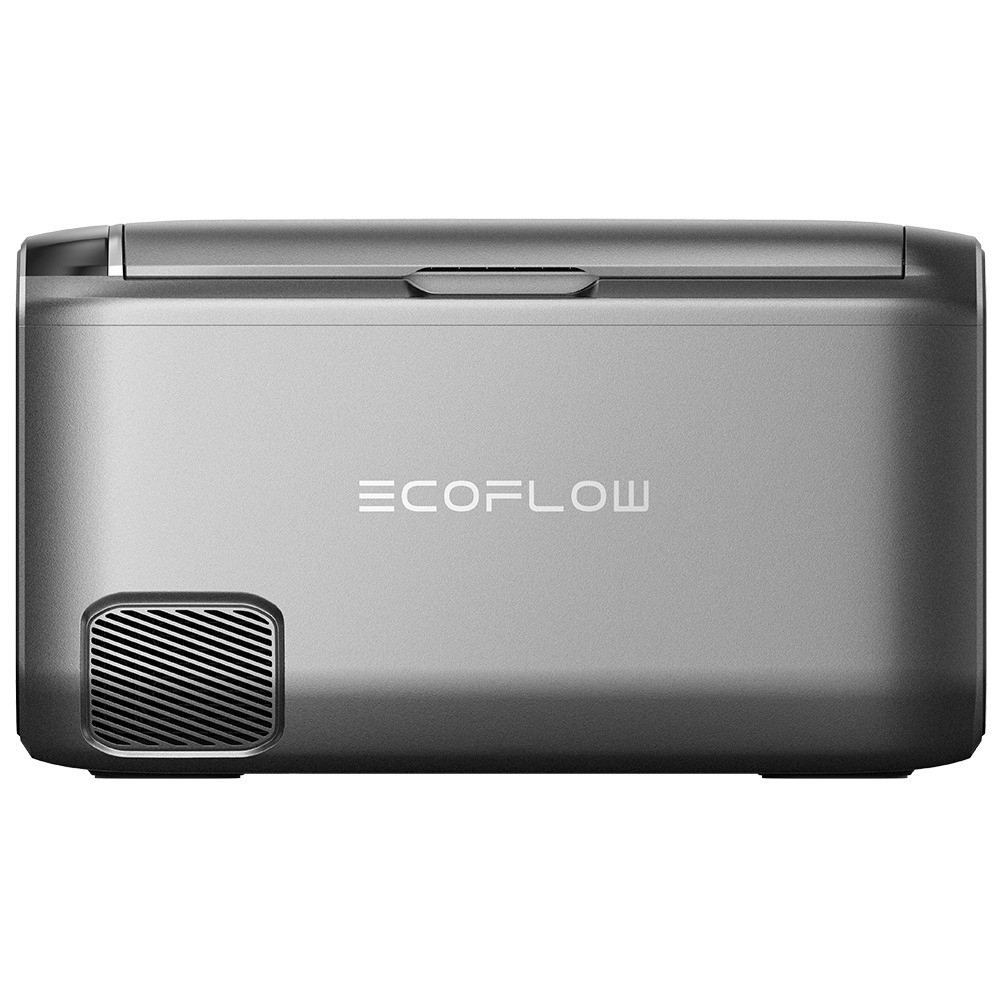 Ein silberner tragbarer Kühlschrank mit dem ECOFLOW-Logo.