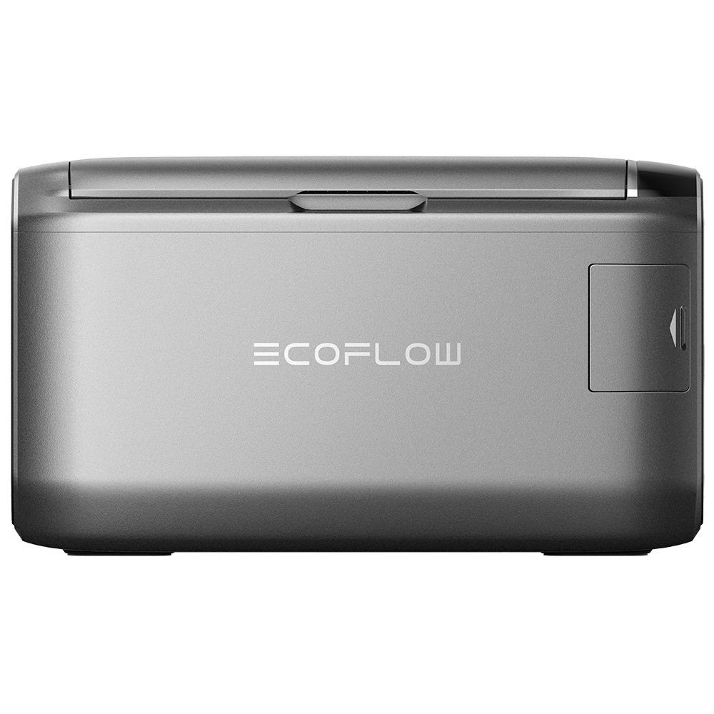 Grauer Ecoflow Kühlschrank mit geschlossener Klappe und Logo.