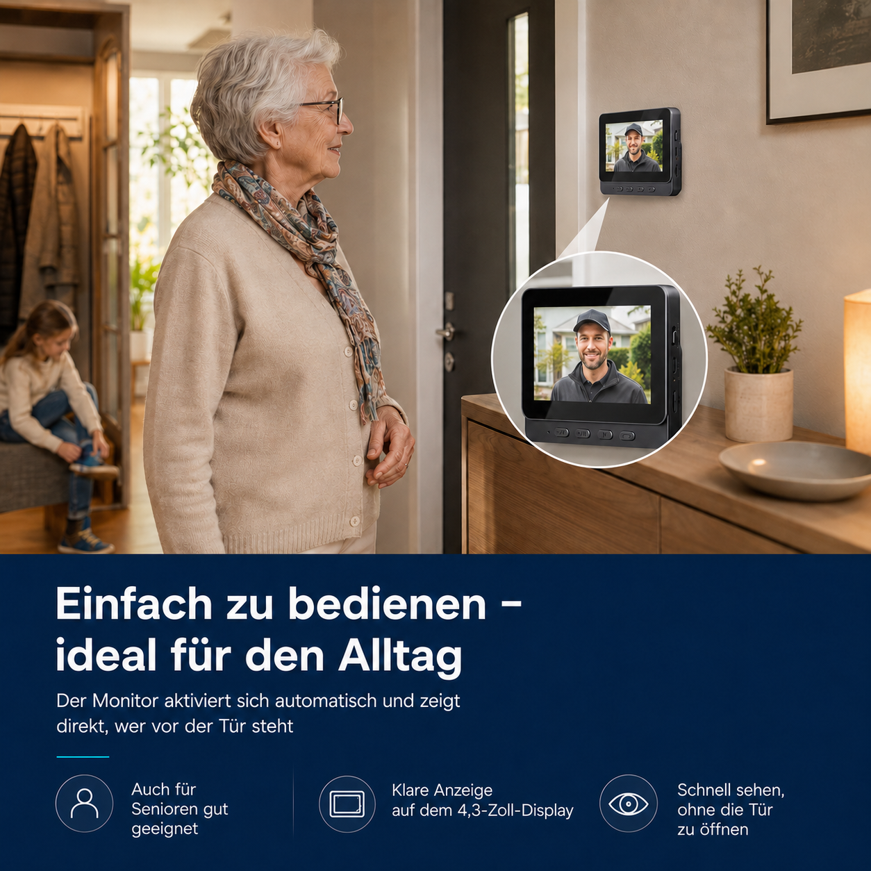 Ältere Frau blickt auf einen Türspion-Monitor, der einen Mann zeigt.
