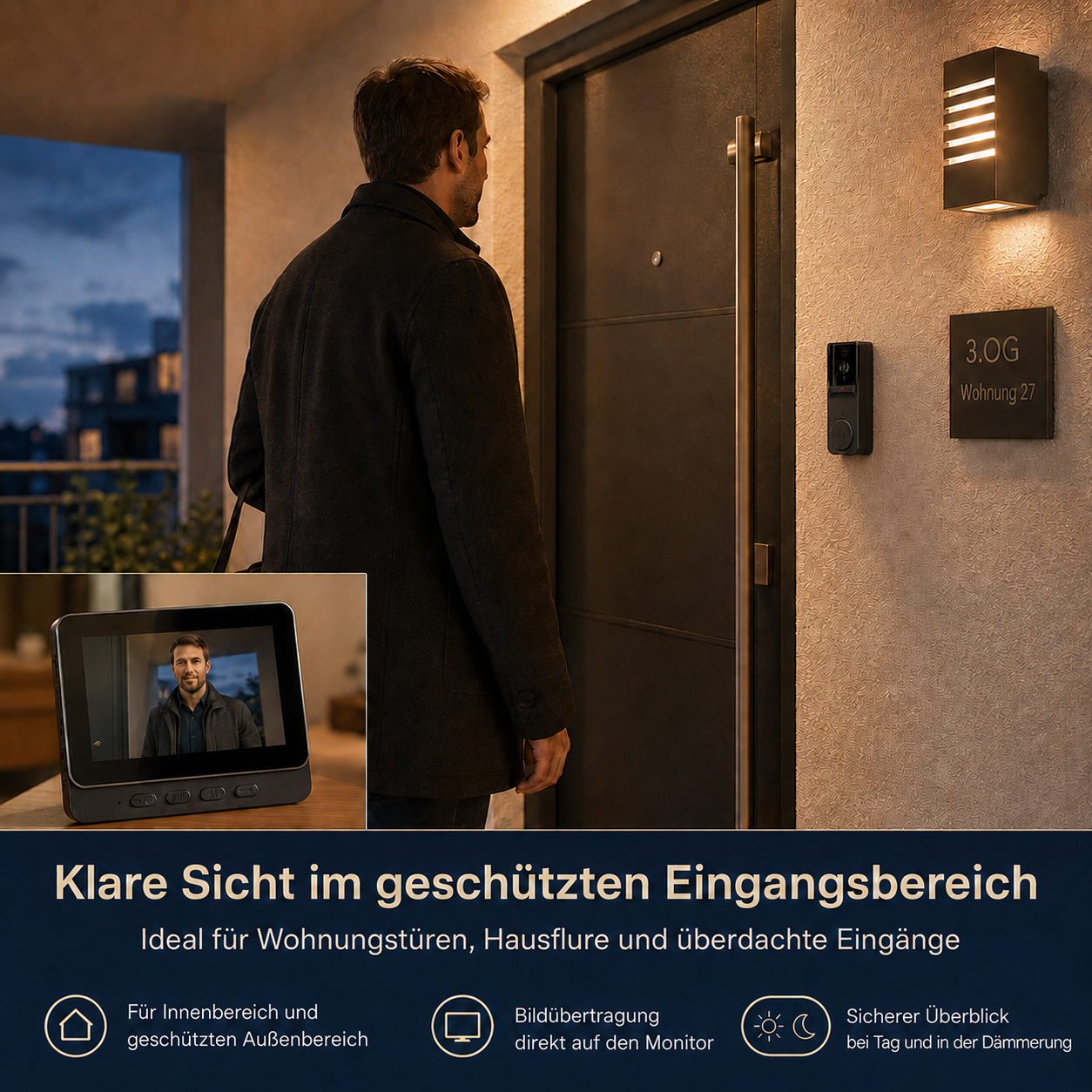 Mann steht vor Tür, Video-Türklingel zeigt sein Gesicht. Beschriftung: 3.OG Wohnung 27.