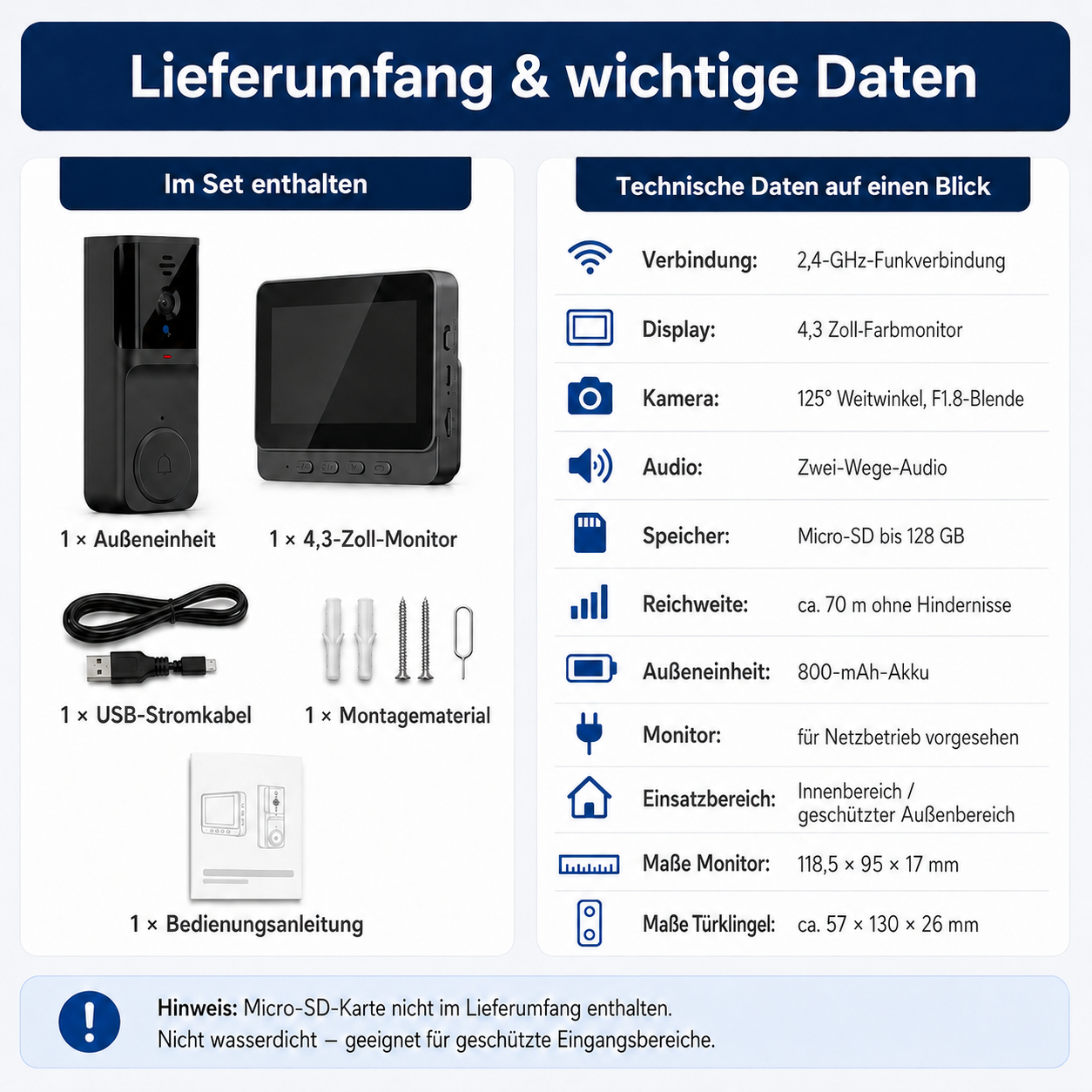 Lieferumfang und technische Daten einer Türklingel-Kamera mit Monitor, Kabel und Montagezubehör.