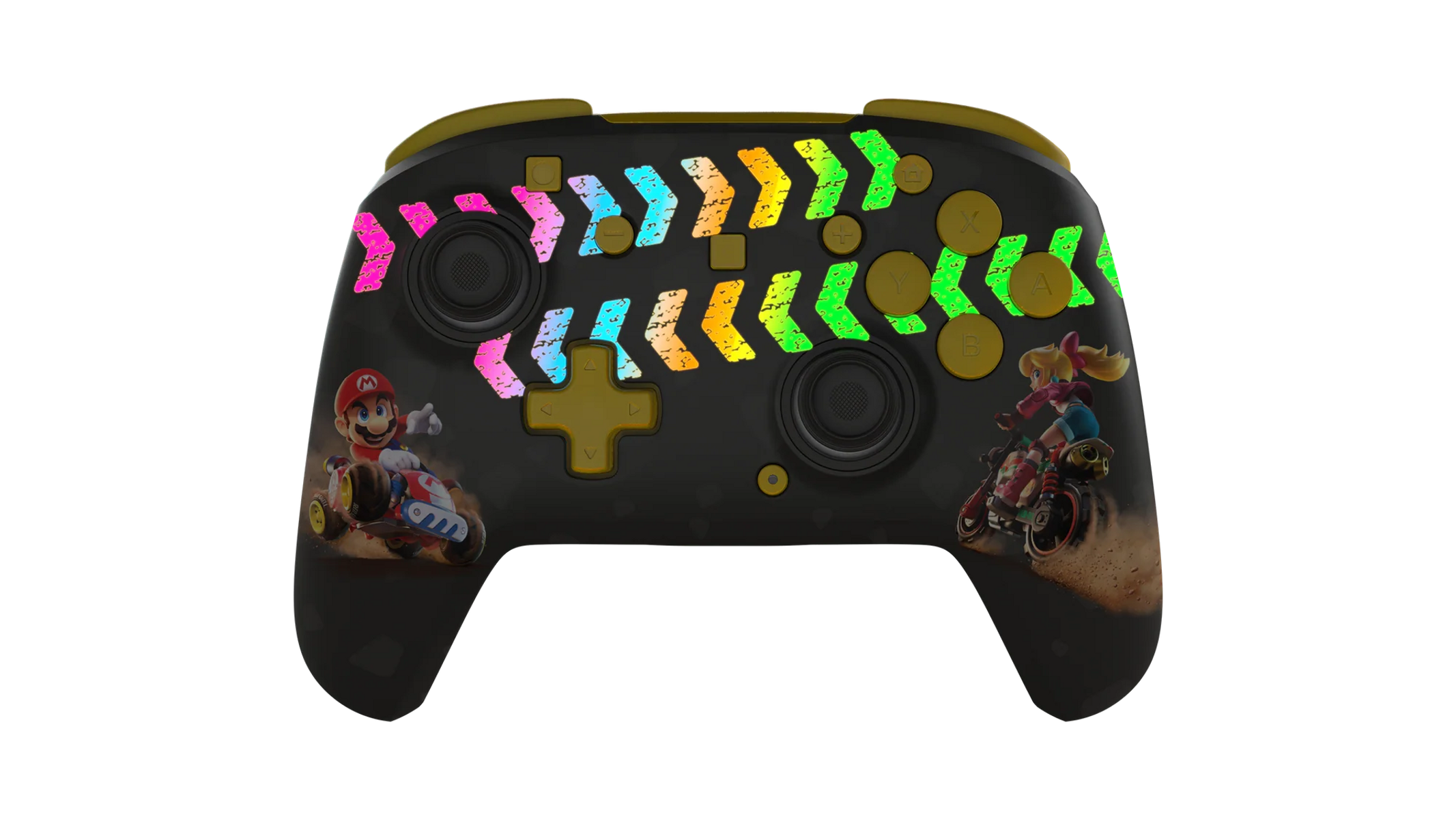 Controller mit Mario und Peach, Regenbogen-Pfeile, schwarz.