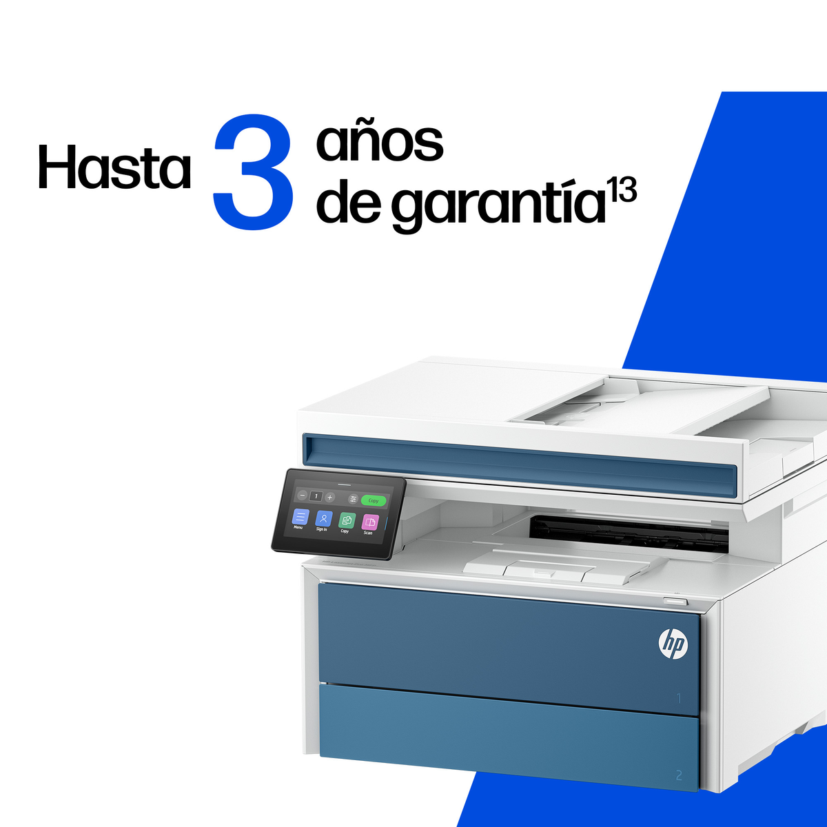 Una stampante bianca con cassetto blu e touchscreen. Fino a 3 anni di garanzia.
