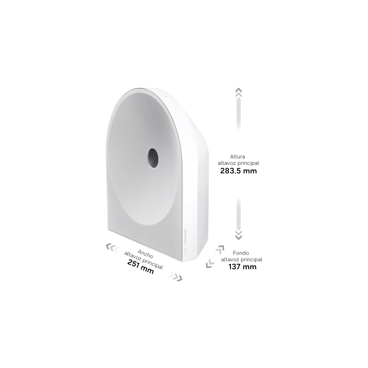 Weiße Lautsprecherbox mit Maßen: Höhe 283,5 mm, Breite 251 mm, Tiefe 137 mm.