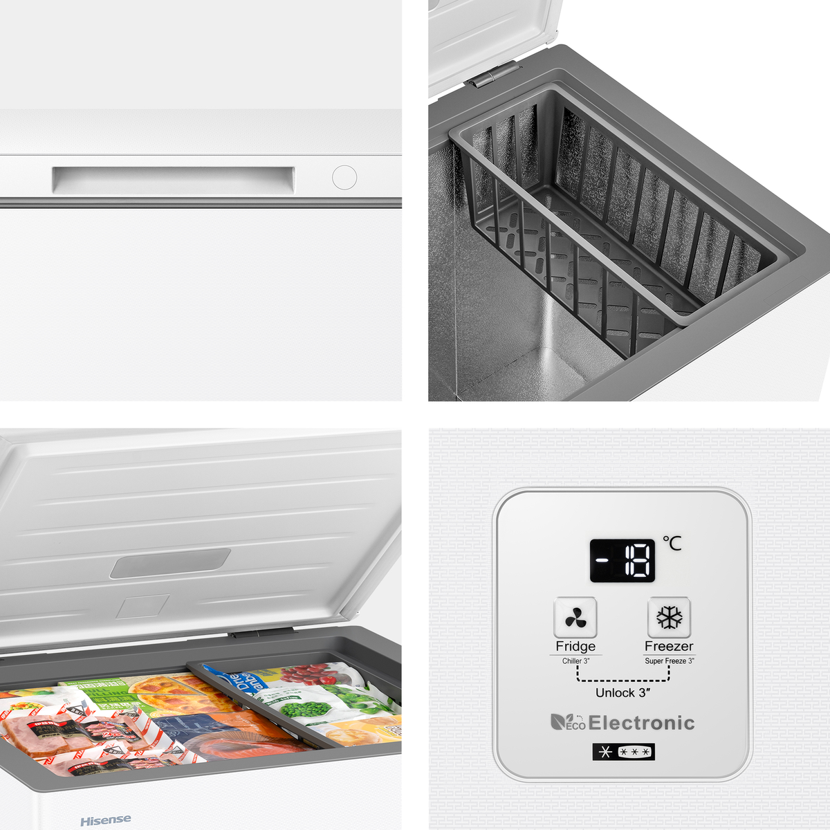Un congelador horizontal blanco con la tapa abierta, lleno de alimentos congelados.
