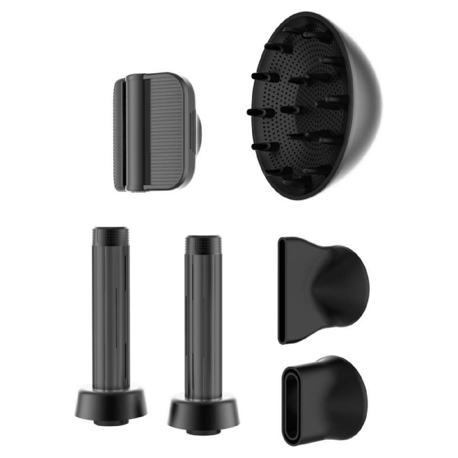 Accesorios para secador de pelo negros: difusor, boquillas y adaptadores.