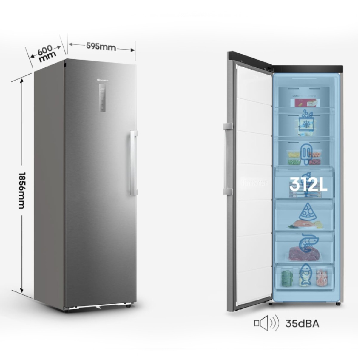 Un refrigerador plateado con la puerta abierta, mostrando 312L de capacidad.