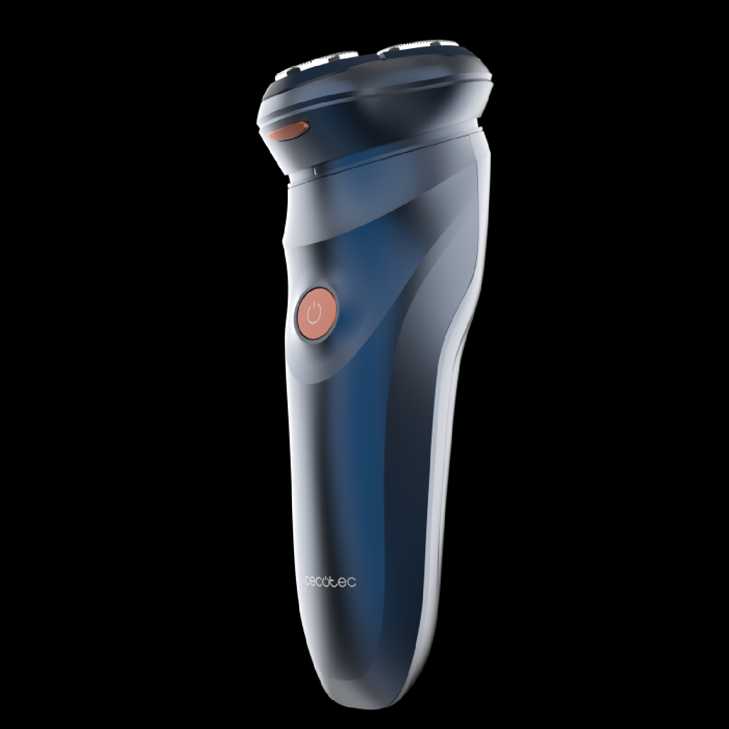 Un rasoio elettrico blu con un pulsante arancione su sfondo nero.