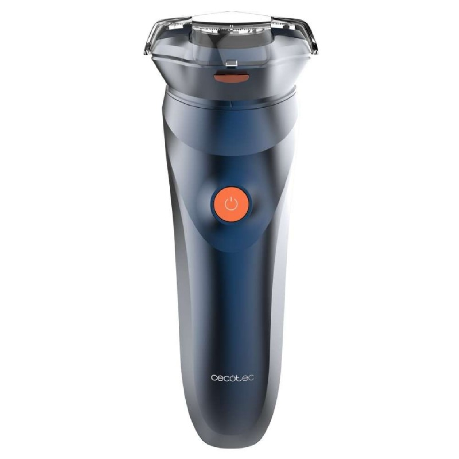 Un rasoio elettrico blu con pulsante di accensione arancione.