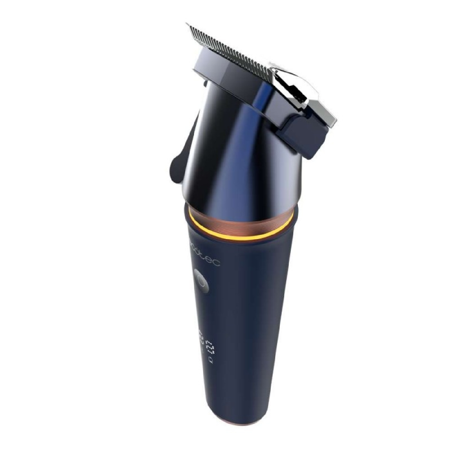 Tagliacapelli blu scuro con lama in metallo e display digitale.