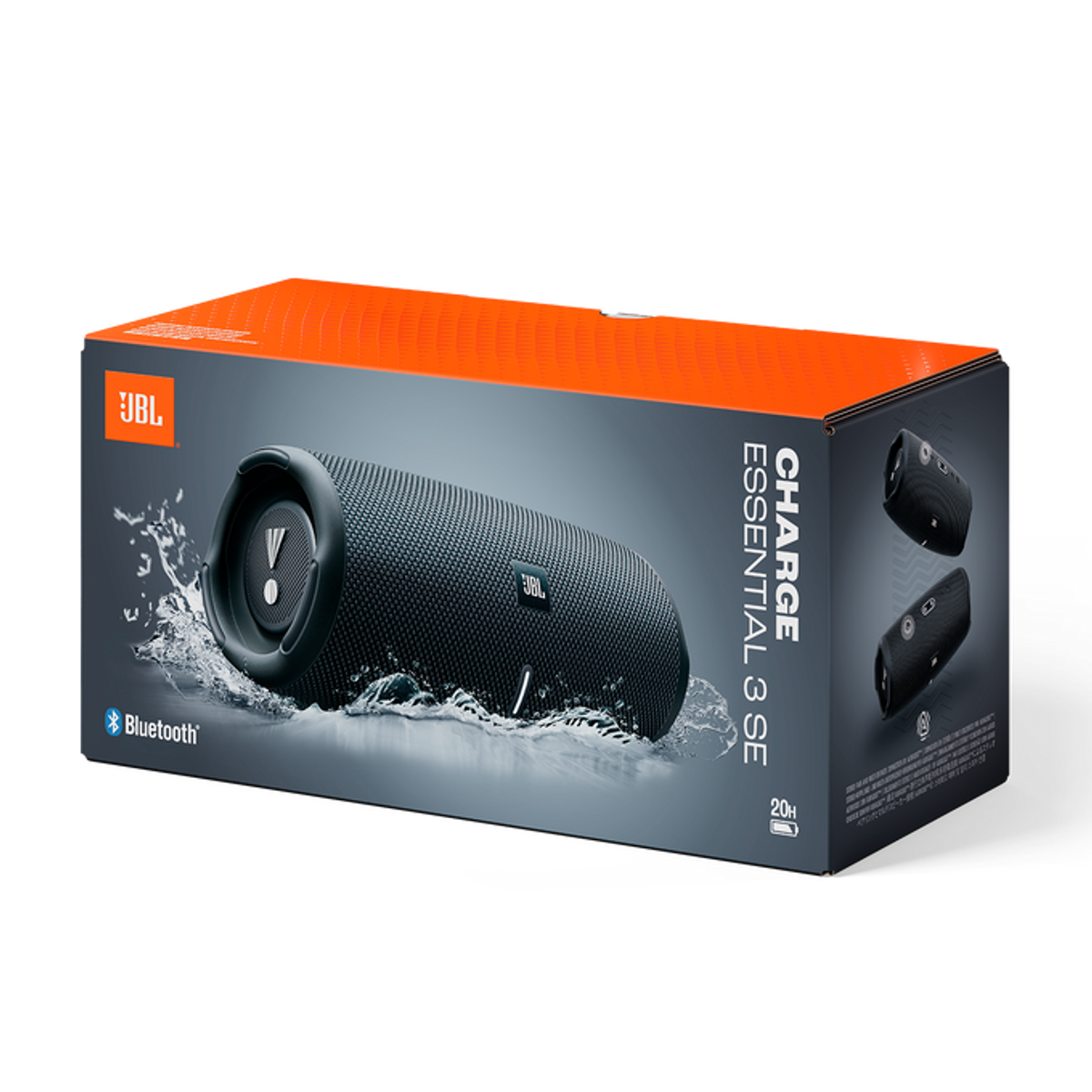 Altoparlante JBL Charge Essential 3 SE in confezione con effetto acqua.
