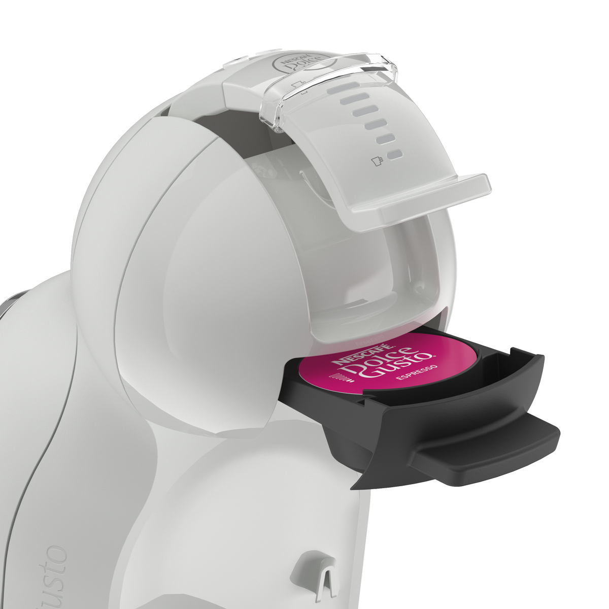 Weiße Kaffeemaschine mit eingelegter pinkfarbener Nescafé Dolce Gusto Espresso-Kapsel.