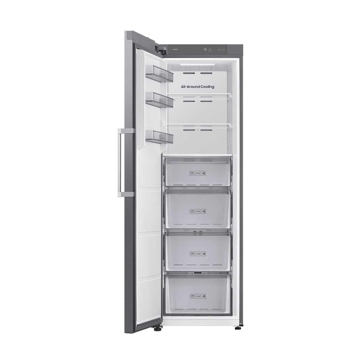 Refrigerador gris abierto con múltiples estantes y cajones. Texto "All-Around Cooling" visible.