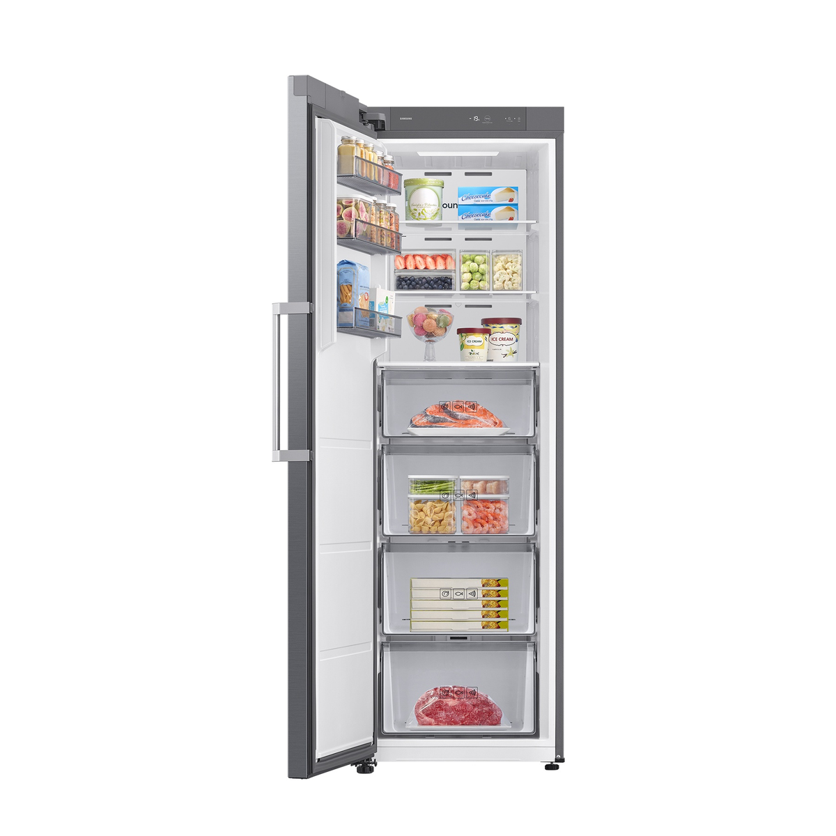 Refrigerador abierto con alimentos como pescado, carne, helado y verduras.