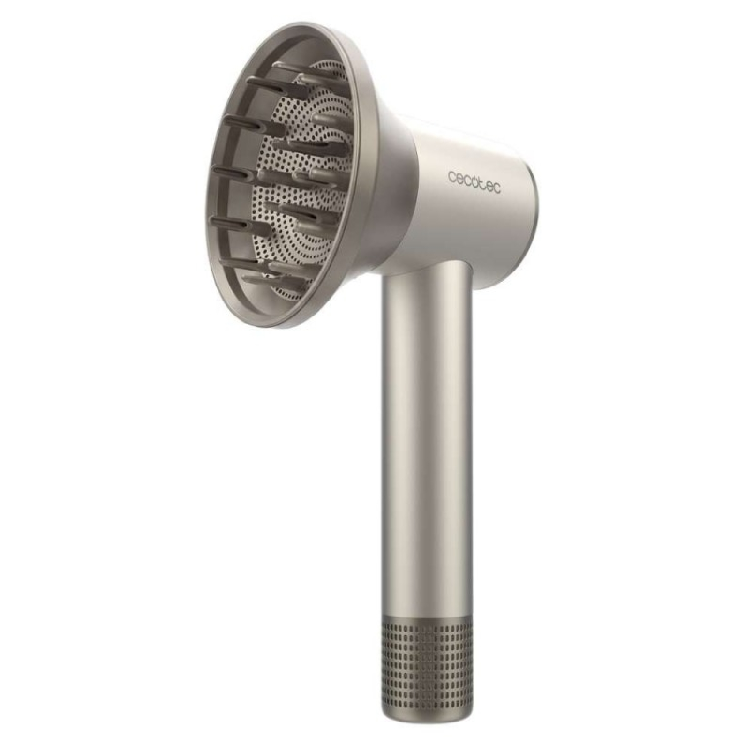 Un difusor plateado para secador de pelo con la marca 'cecotec'.