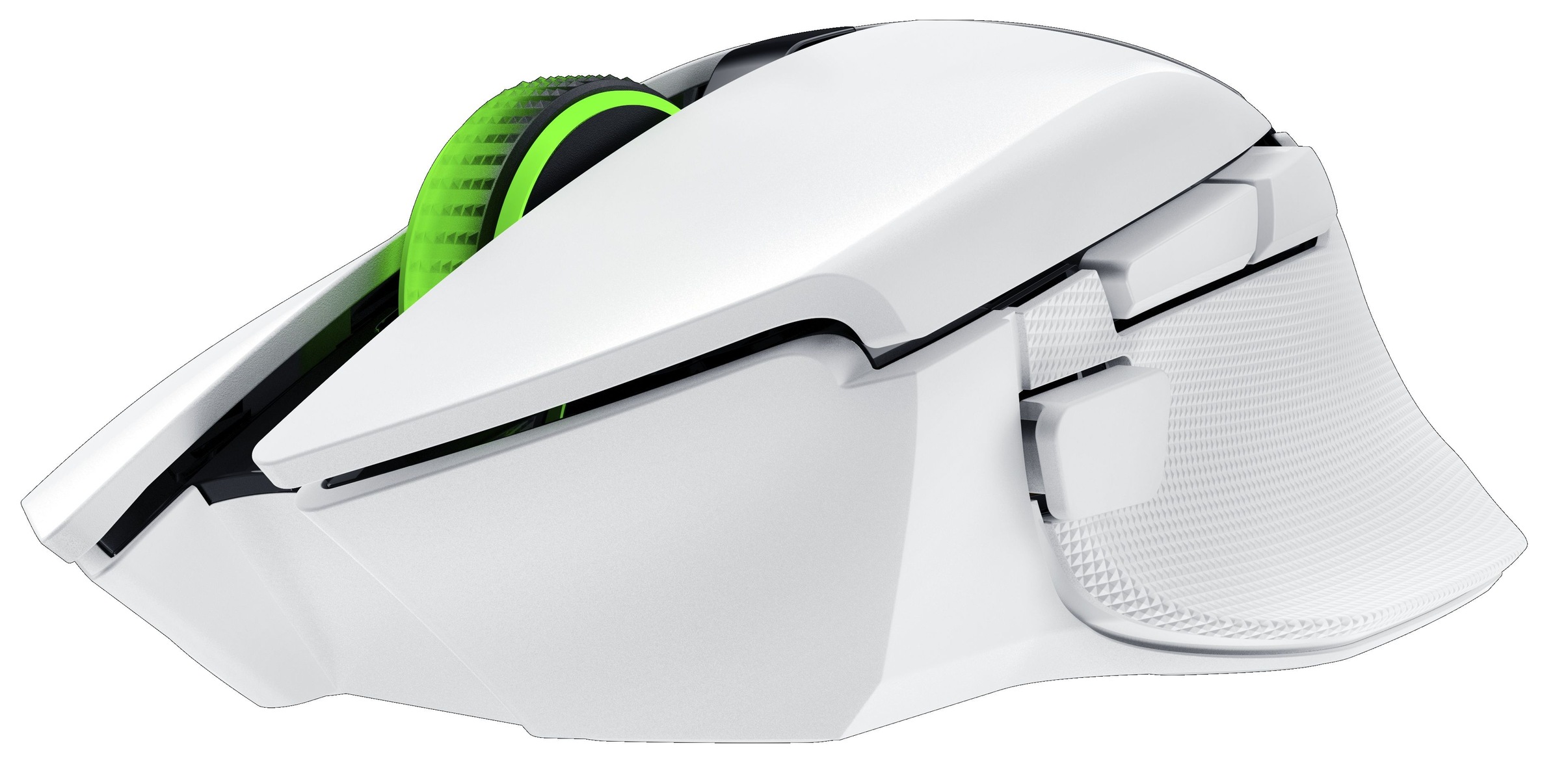 Un mouse da gaming bianco con rotellina e pulsanti verdi.