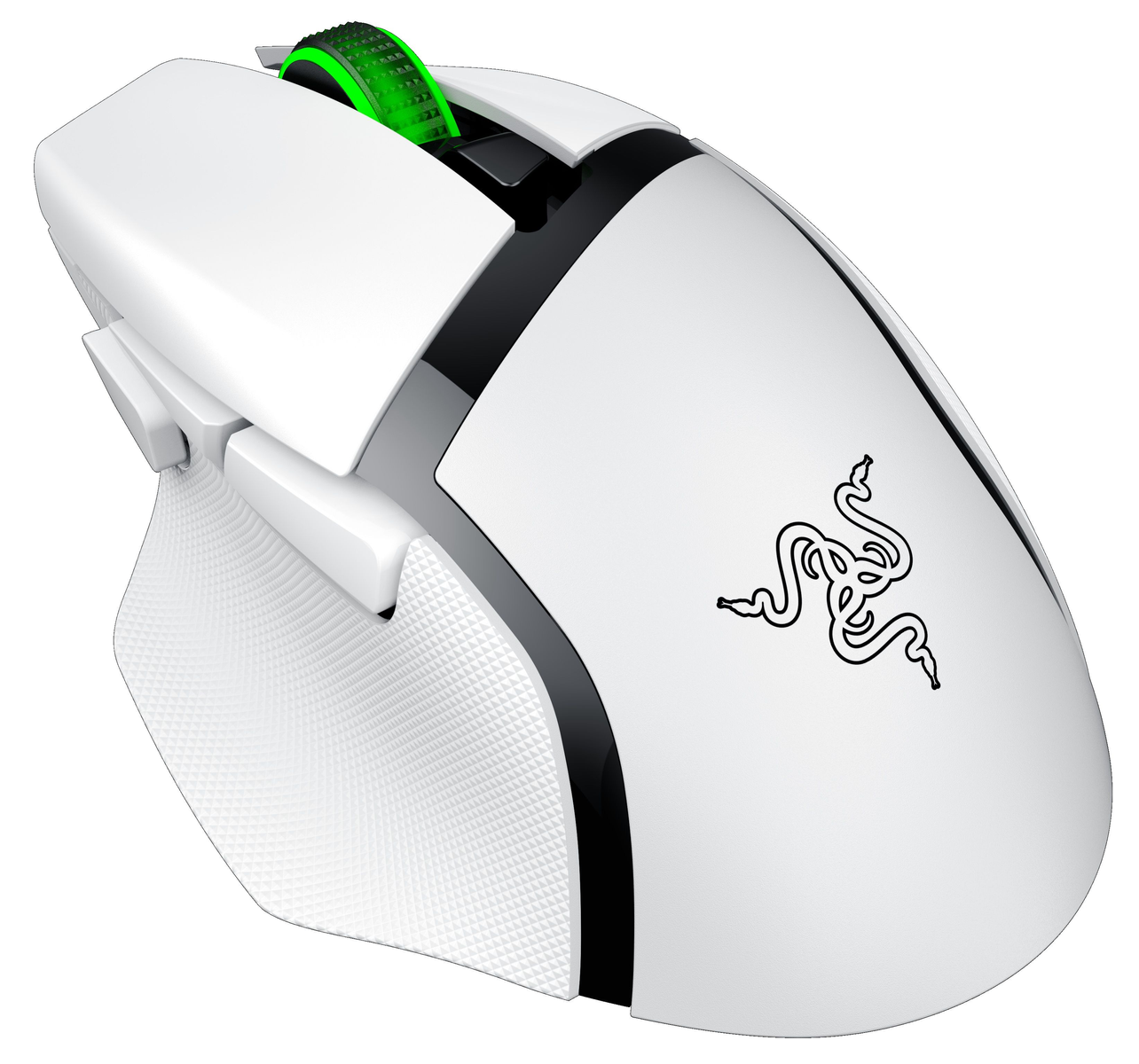 Mouse da gioco bianco con rotellina verde brillante e logo Razer.