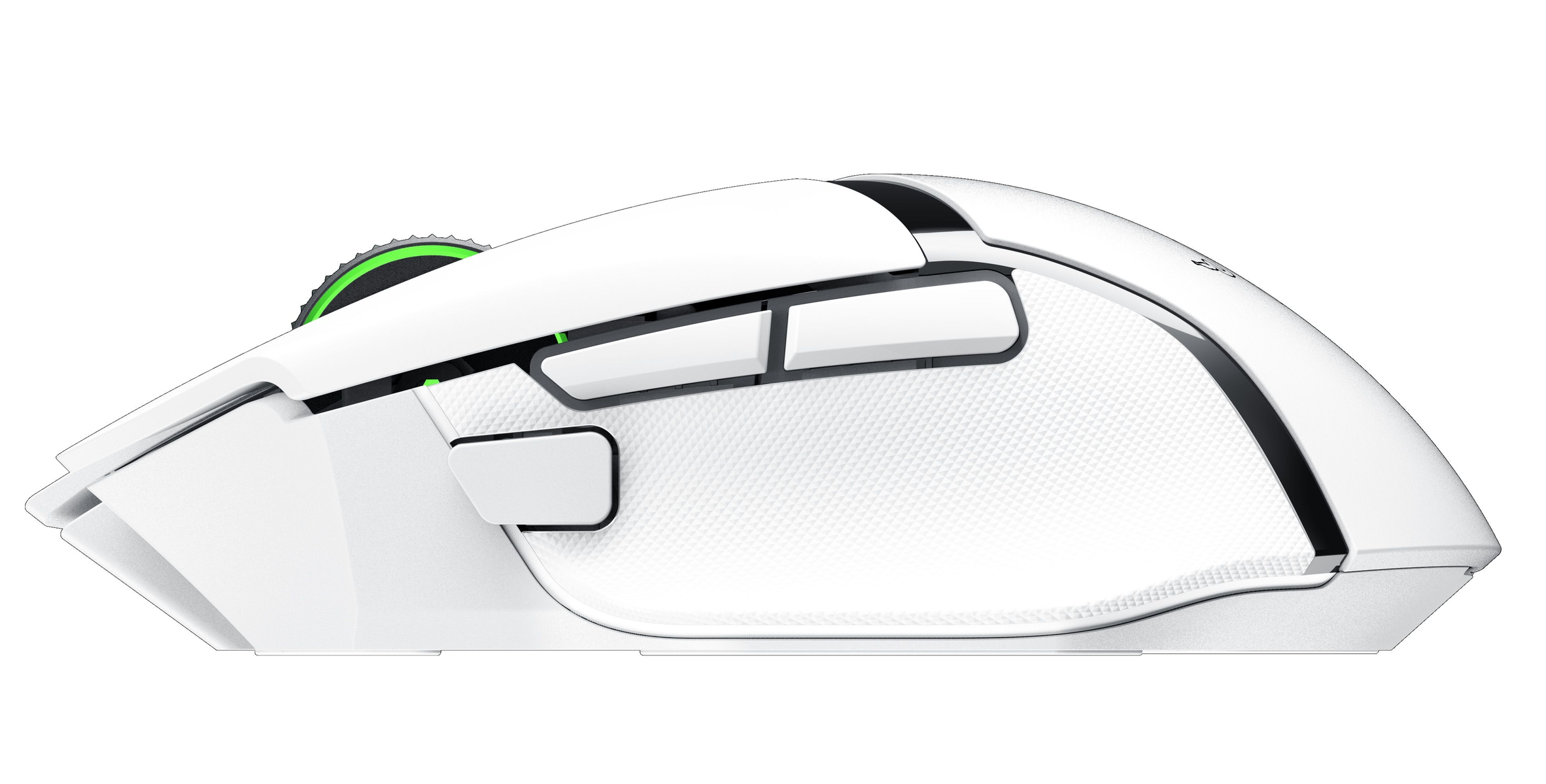 Mouse bianco da gaming con accenti verdi, pulsanti laterali e impugnatura testurizzata.