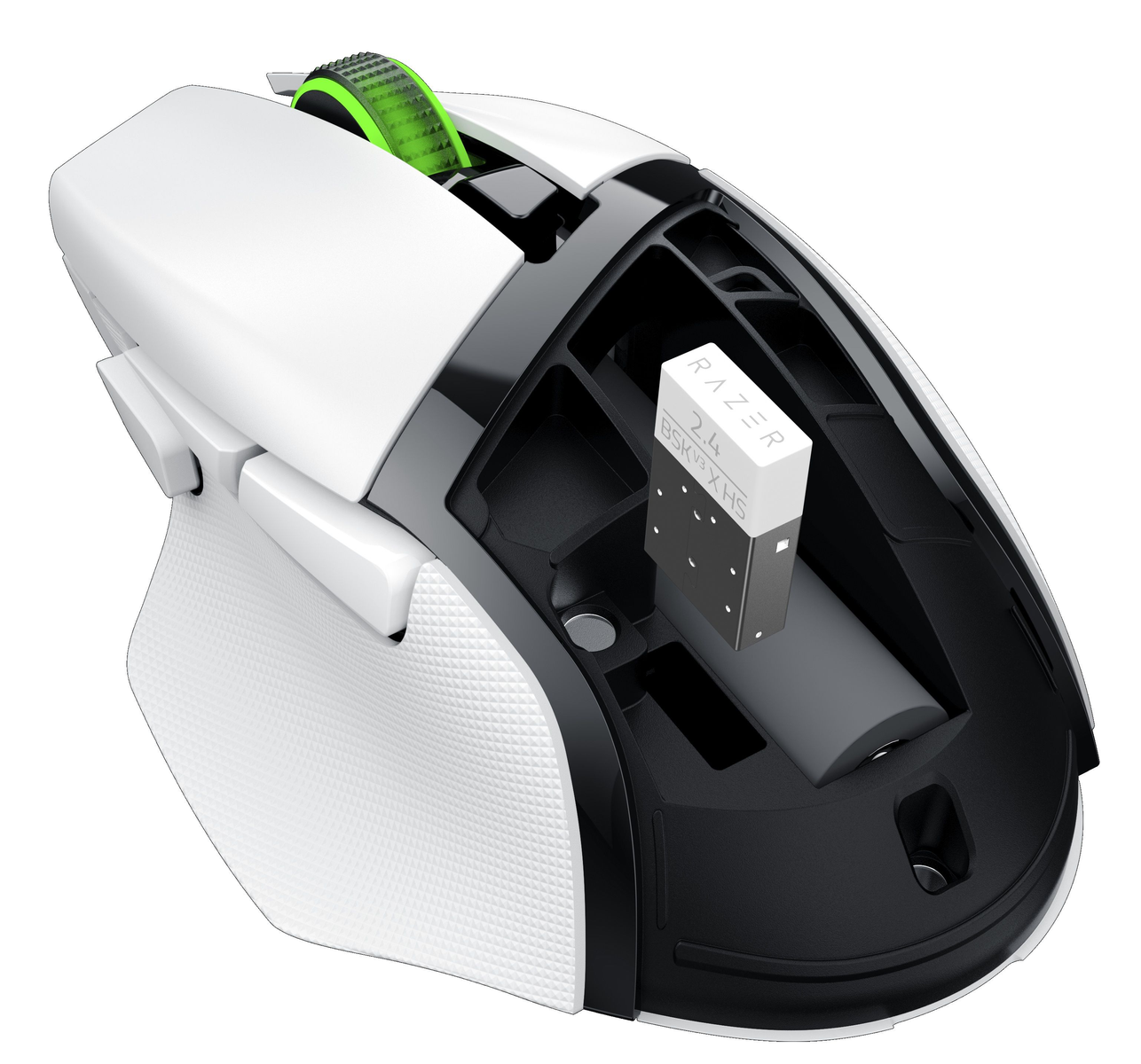 Un mouse bianco con rotella verde e inserto nero
