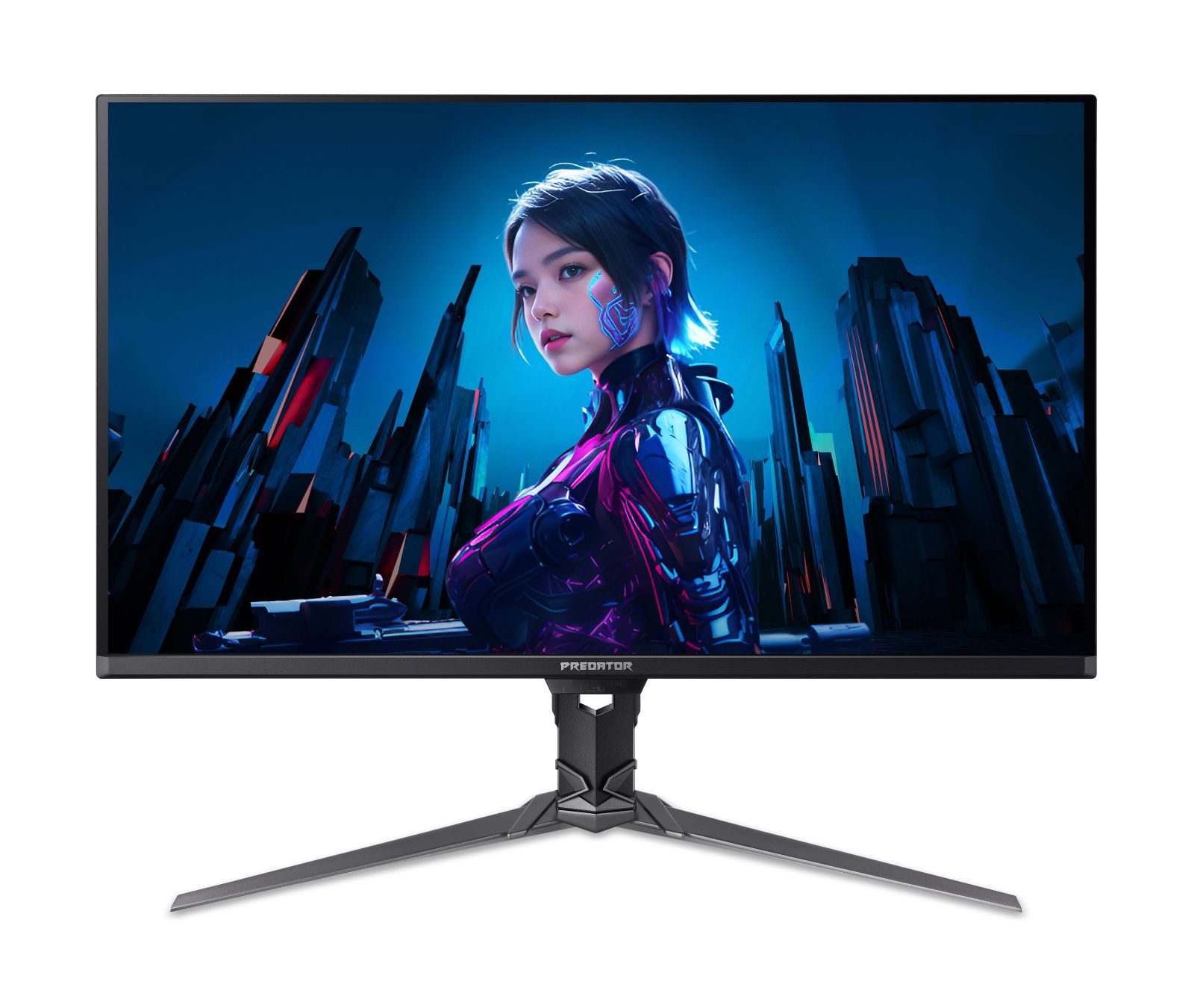Un monitor gamer con fondo futurista y una mujer con detalles brillantes.
