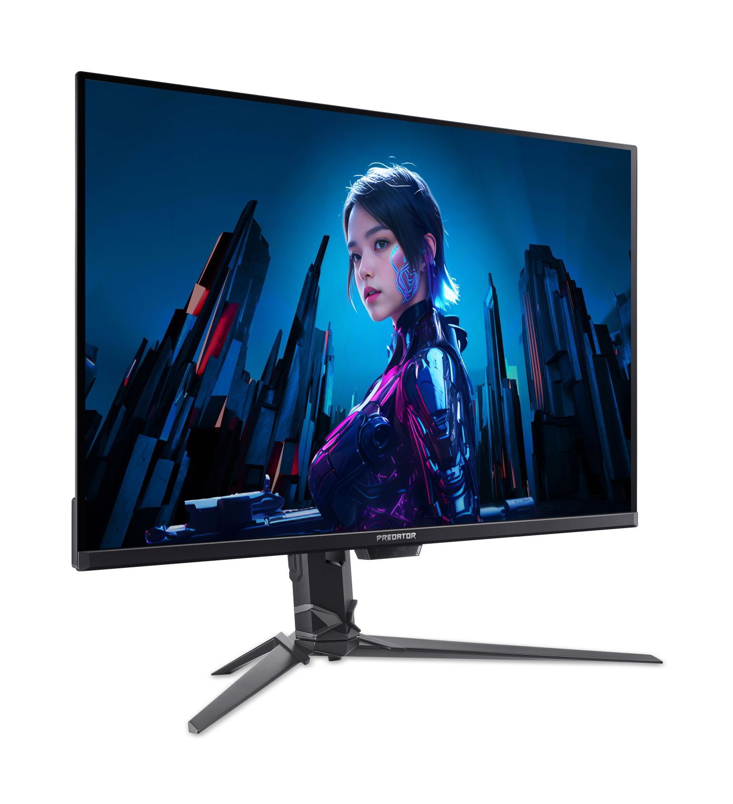 Un monitor gaming con imagen futurista de mujer con armadura ante paisaje urbano.