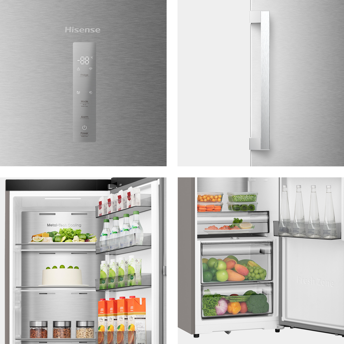 Nevera Hisense con pantalla digital, puerta abierta mostrando comida: verduras, bebidas, pastel, frutos secos.