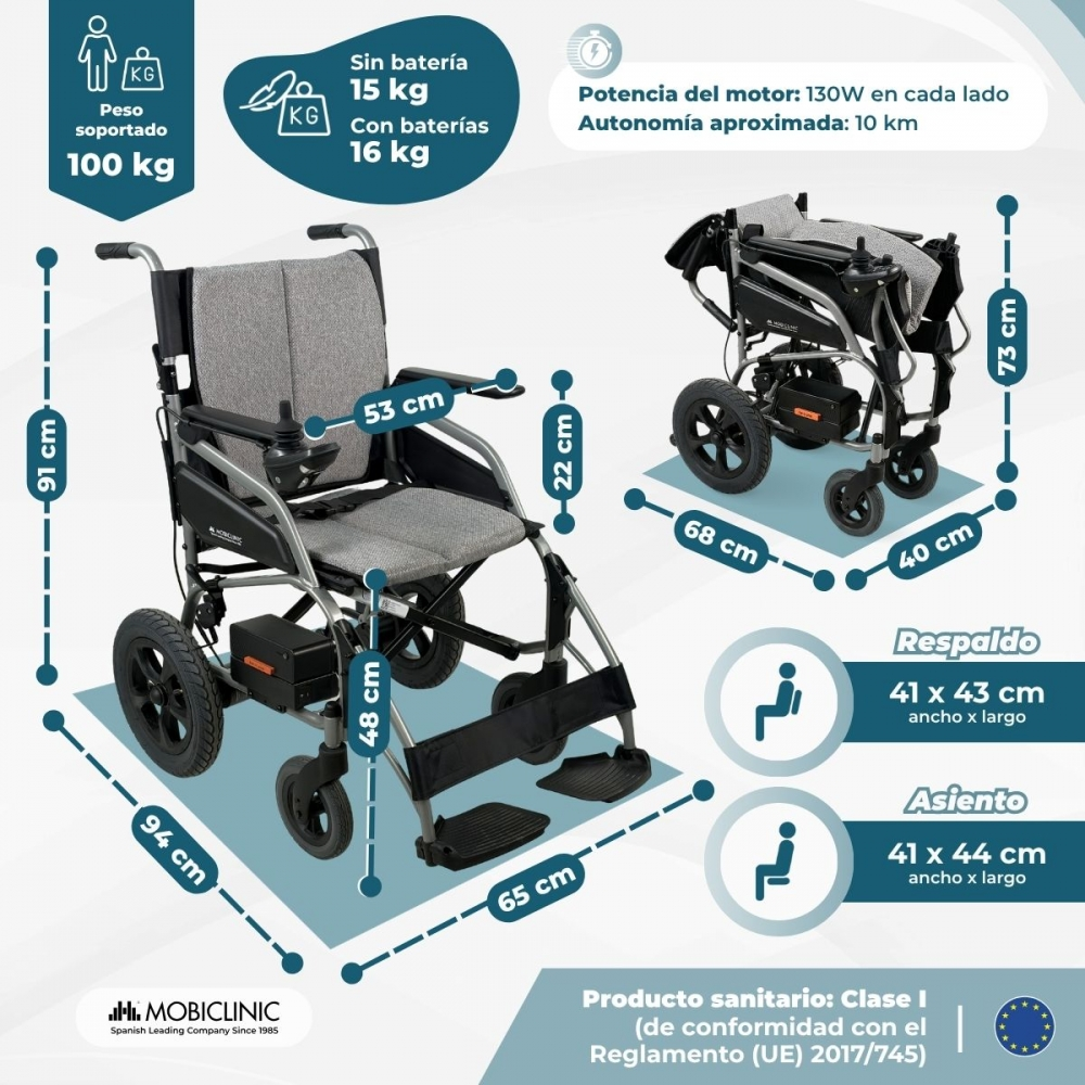 Silla de ruedas eléctrica con especificaciones de dimensiones y peso. Muestra medidas.