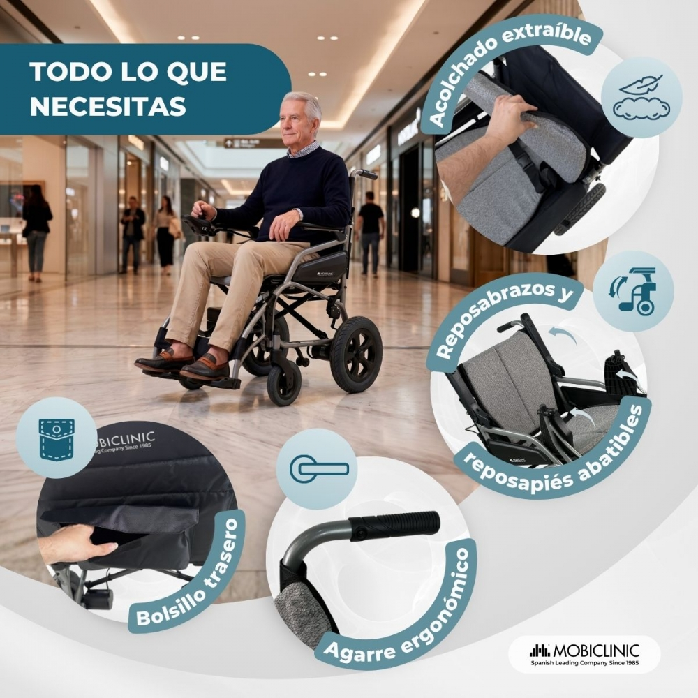 Un hombre mayor en silla de ruedas eléctrica en un centro comercial. Destacan detalles de la silla.