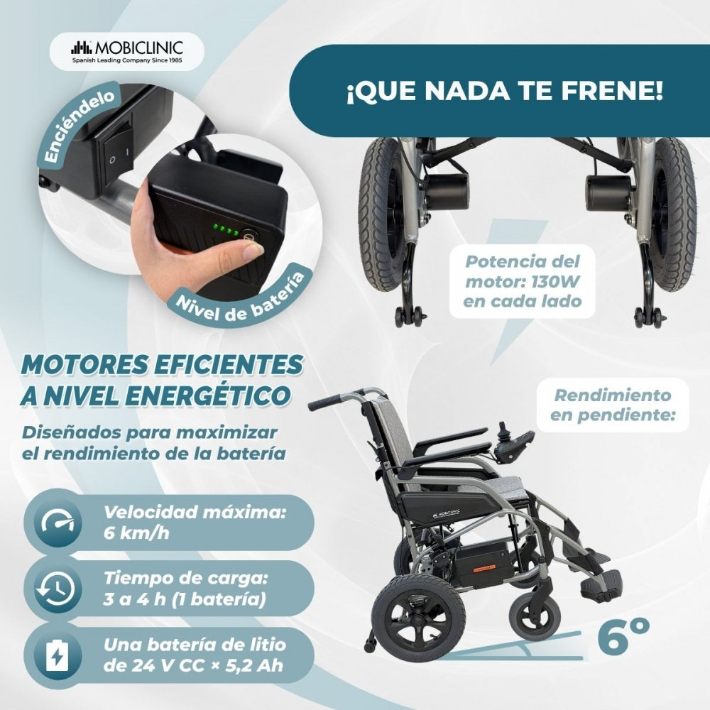 Silla de ruedas eléctrica con especificaciones de batería y motor.