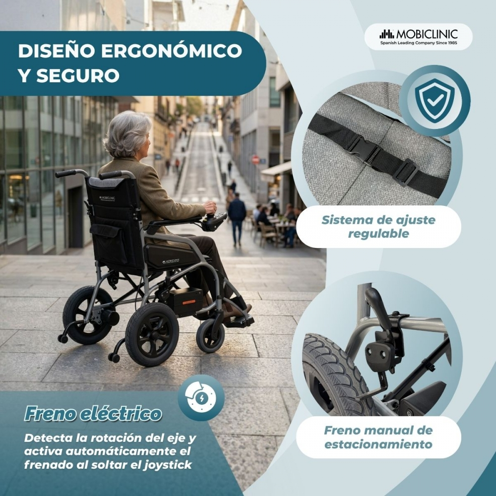 Una mujer conduce una silla de ruedas eléctrica cuesta arriba por una calle adoquinada.