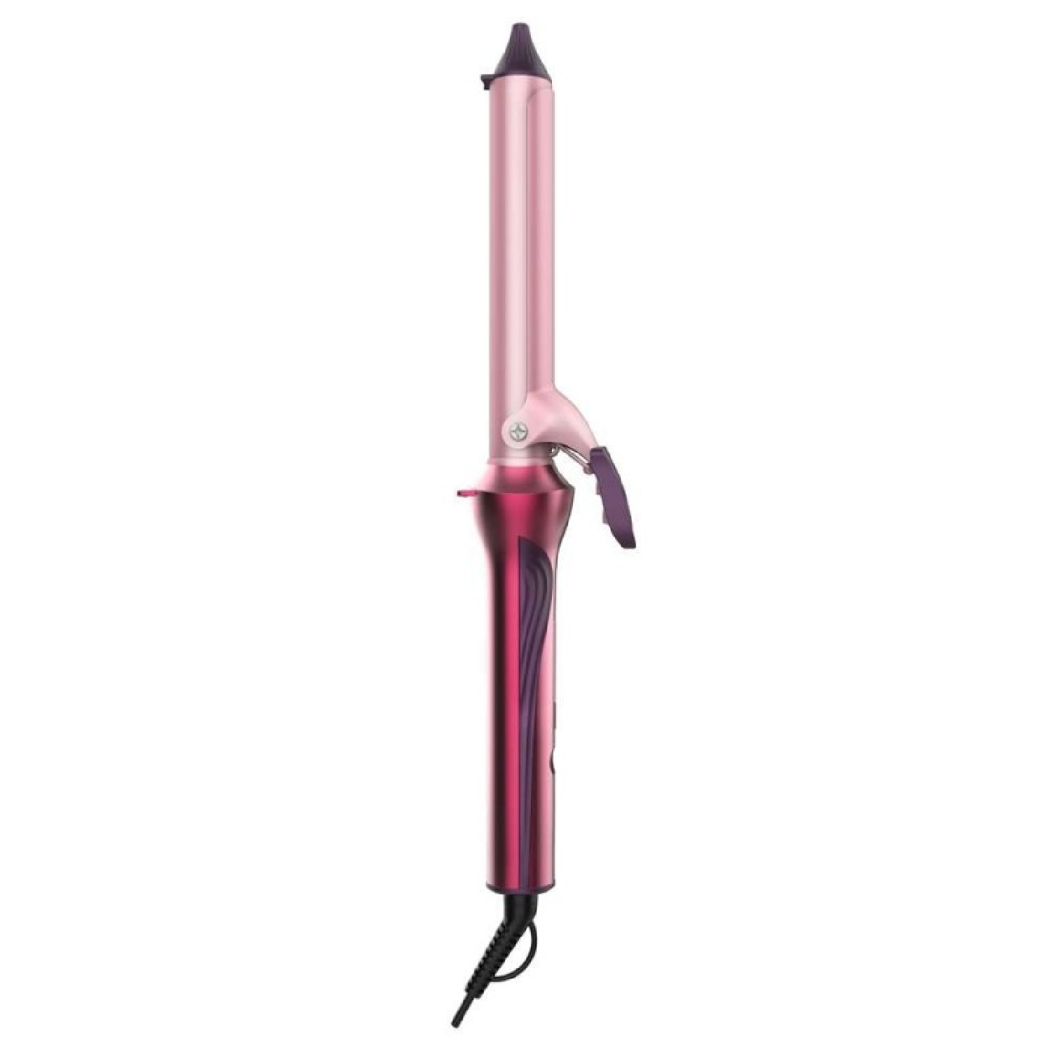 Un rizador rosa con detalles morados y cable negro.