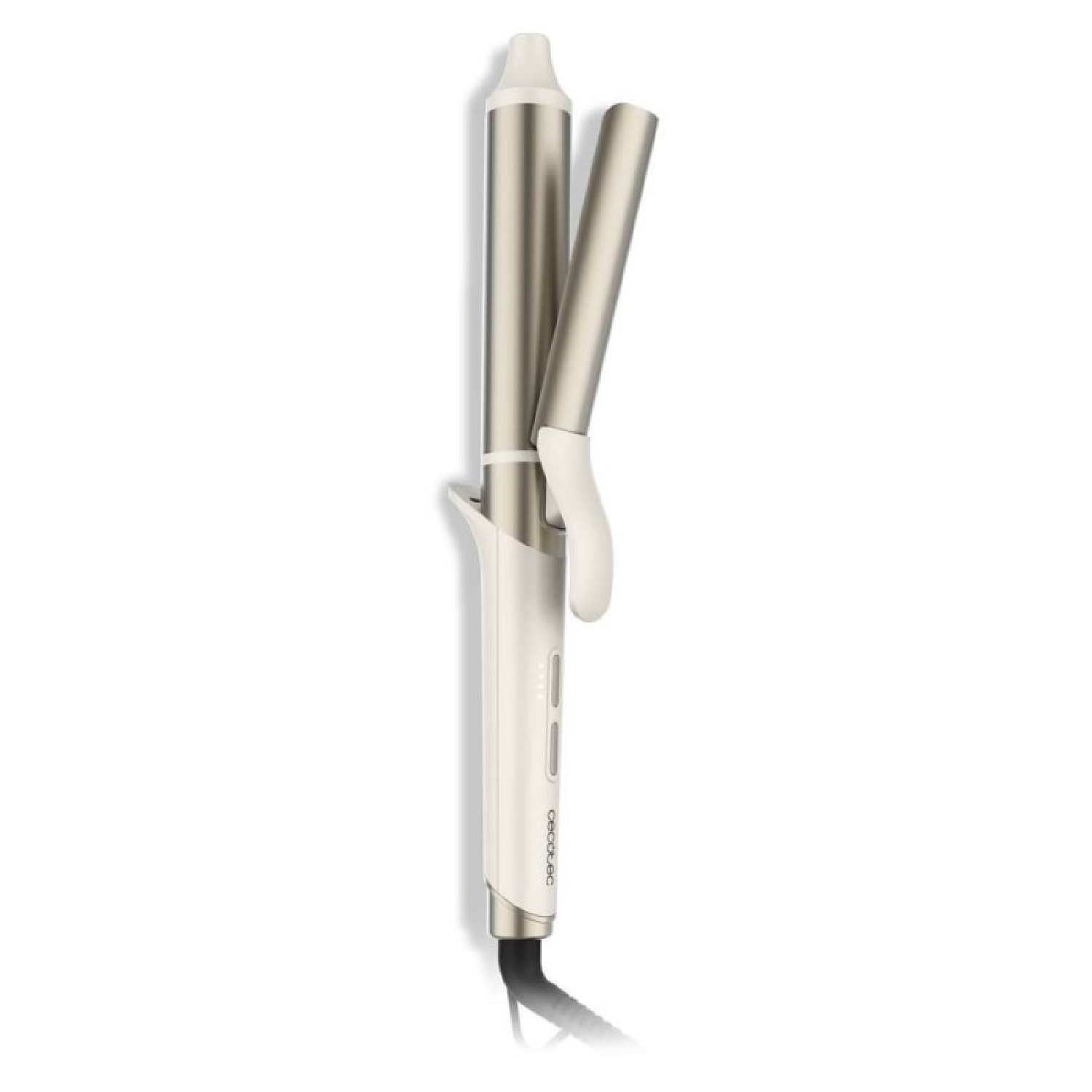 Un rizador plateado y blanco con botones de control e indicadores de carga.