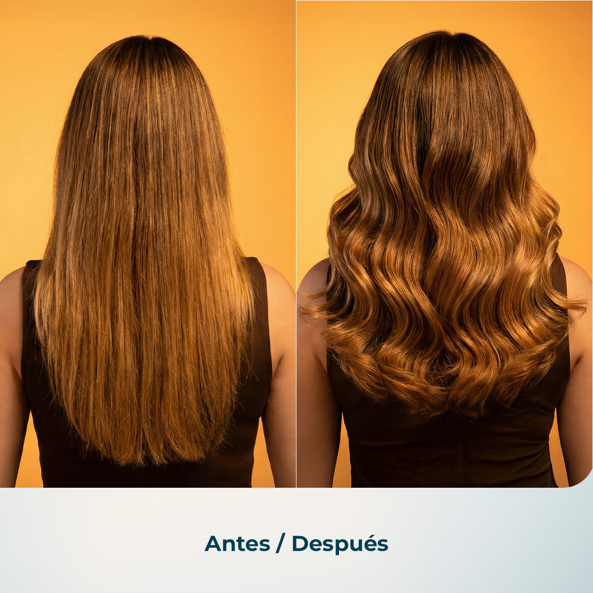 Antes y después: Cabello liso a la izquierda, ondulado a la derecha, sobre fondo amarillo.