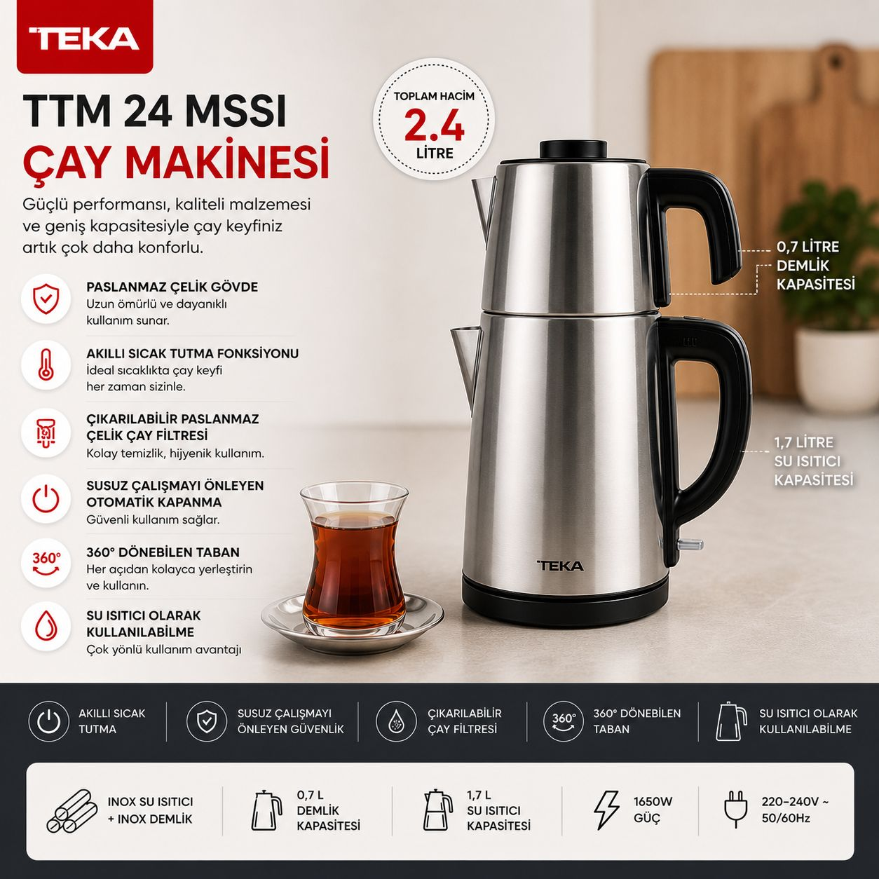 2,4 L toplam kapasiteli paslanmaz çelik çay makinesi, bardak ve siyah saplı.