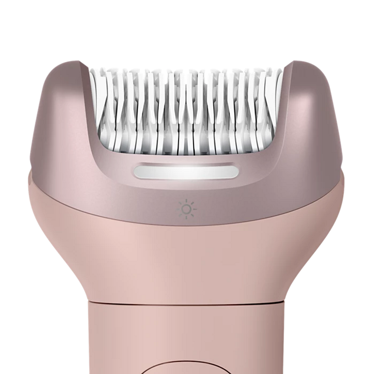 Primo piano di un epilatore oro rosa con pinzette bianche e indicatore luminoso.