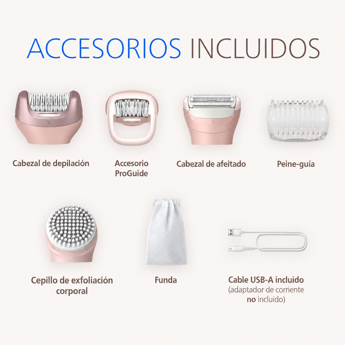 Accessori per la cura personale rosa: epilatore, rasoio, spazzola, ProGuide, pettine, sacchetto, cavo USB.