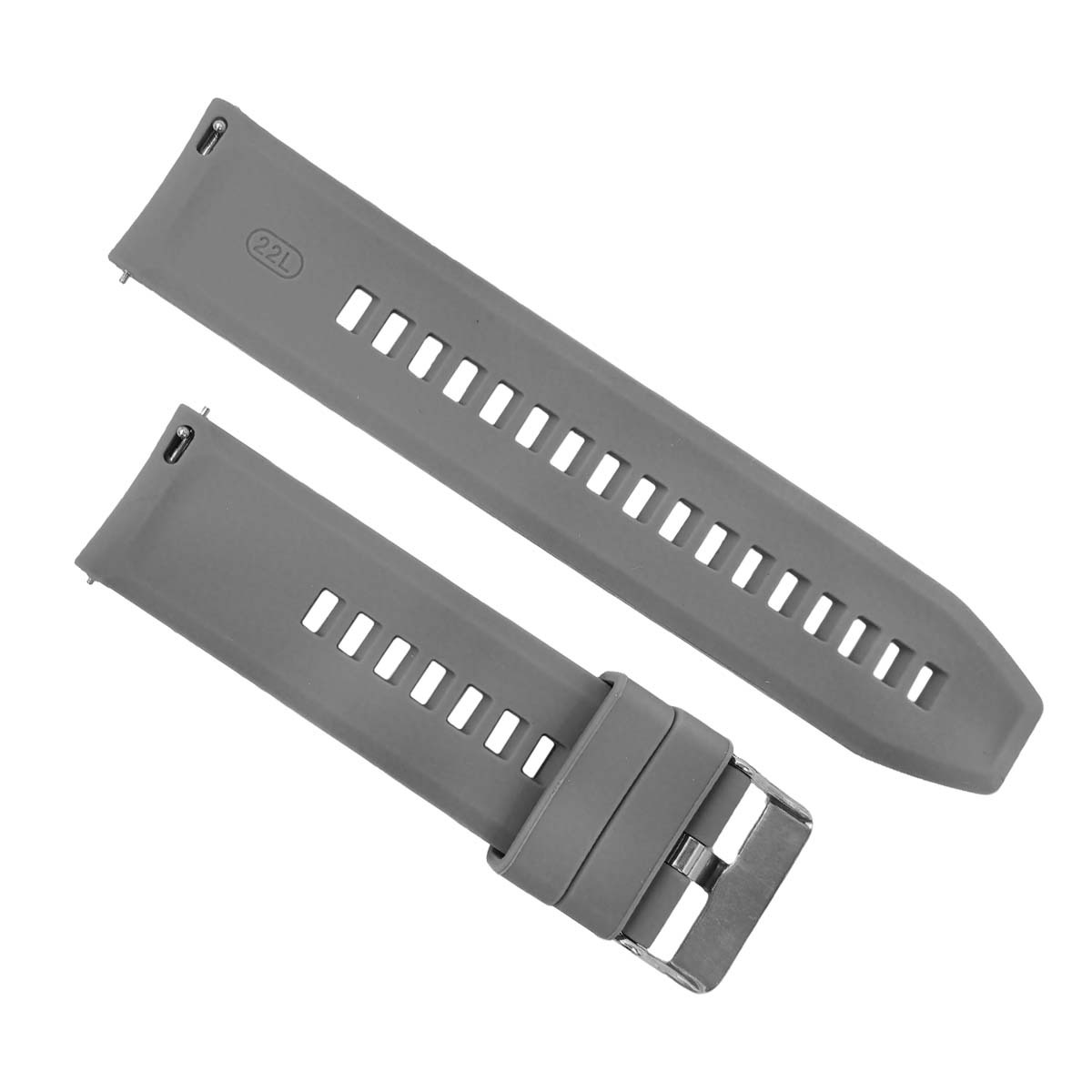 Zwei graue Uhrenarmbänder mit Löchern und einer Schnalle.